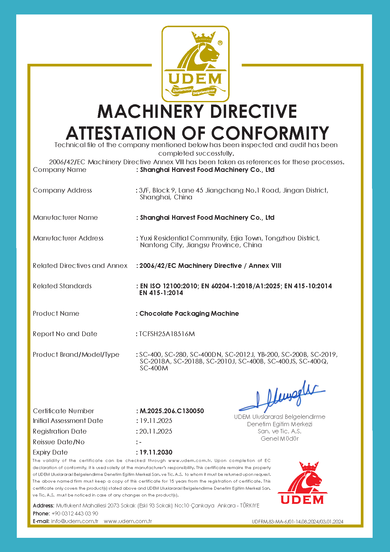 MACHINERY DIRECTIVE ATTESTATION OF CONFORMITY